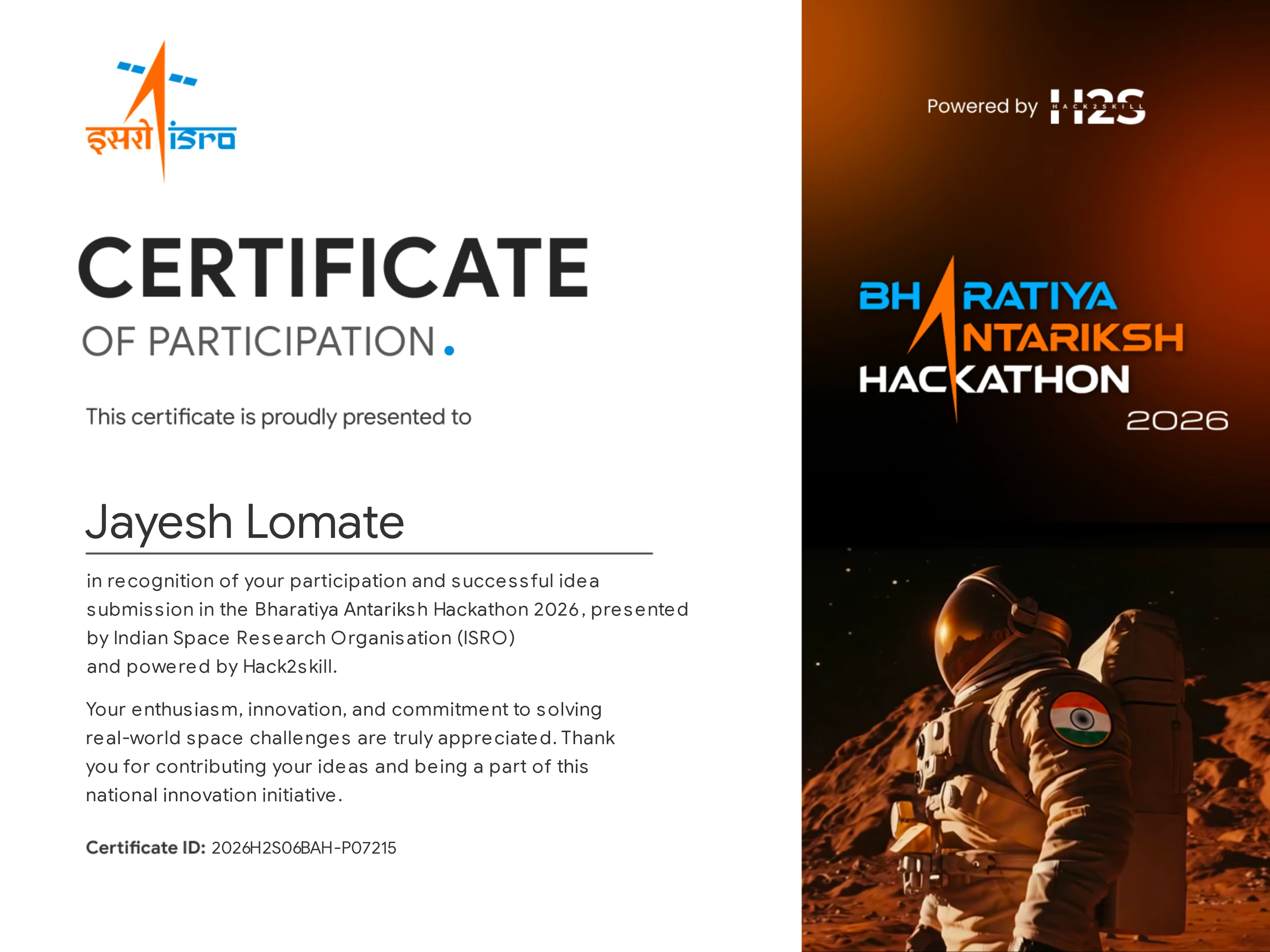 Bharatiya Antariksh Hackathon 2026 certificate