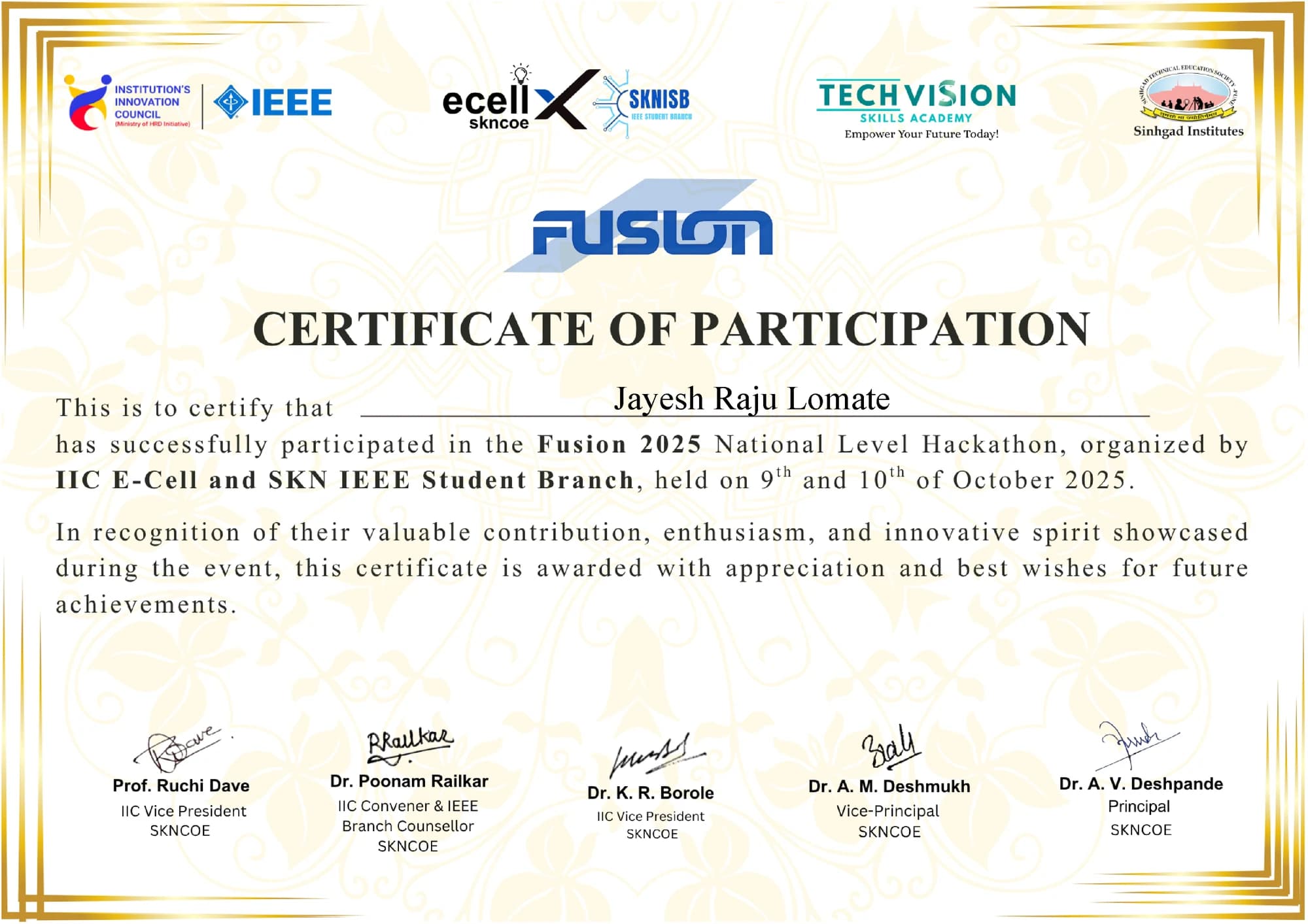 Fusion 2025 National Level Hackathon certificate
